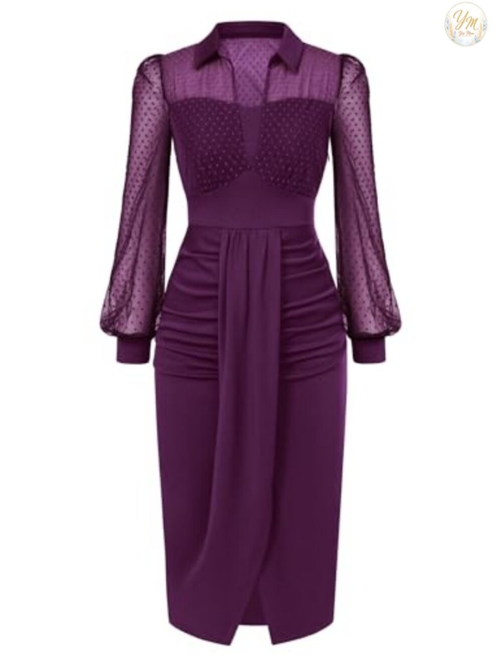 Vintage Ruched Mesh Long Sleeve Midi Dress Puff Sleeve Sheath Party